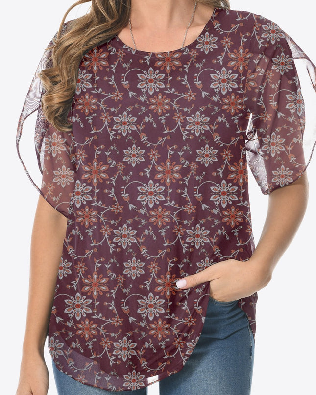 Printed Round Neck Curved Hem Blouse Wine