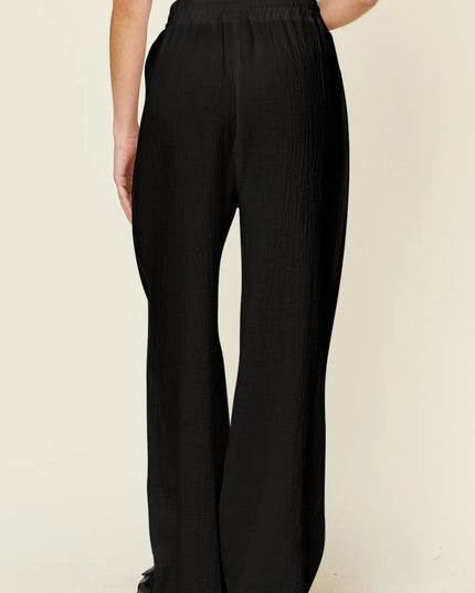Double Take Full Size Texture Drawstring Wide Leg Pants