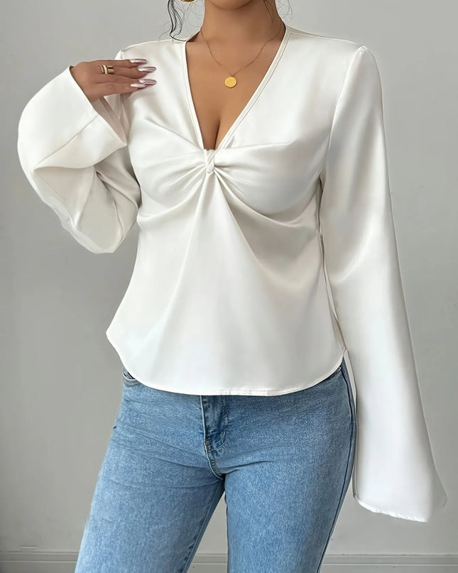 V-Neck Twist Front Long Sleeve Blouse White