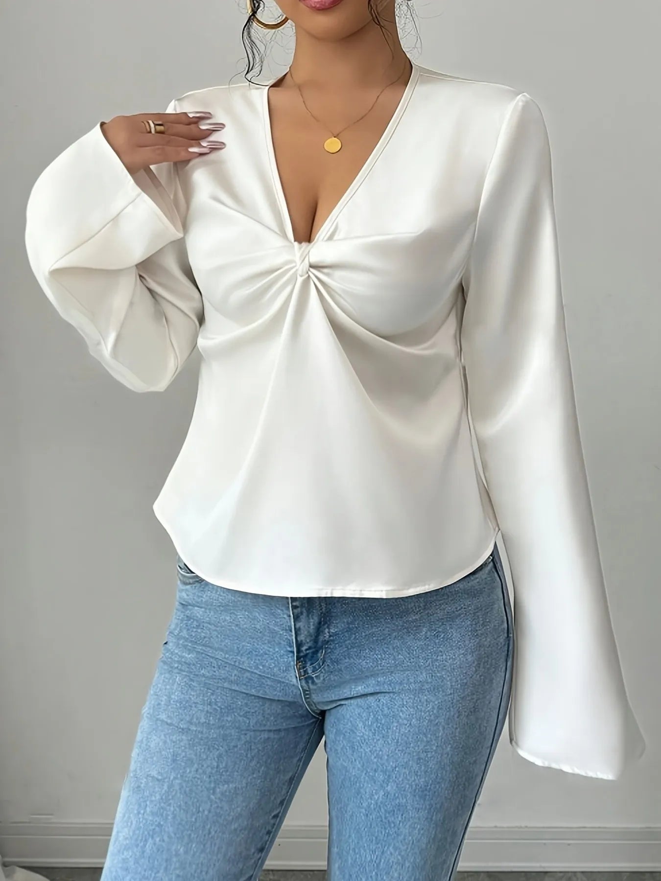 V-Neck Twist Front Long Sleeve Blouse White