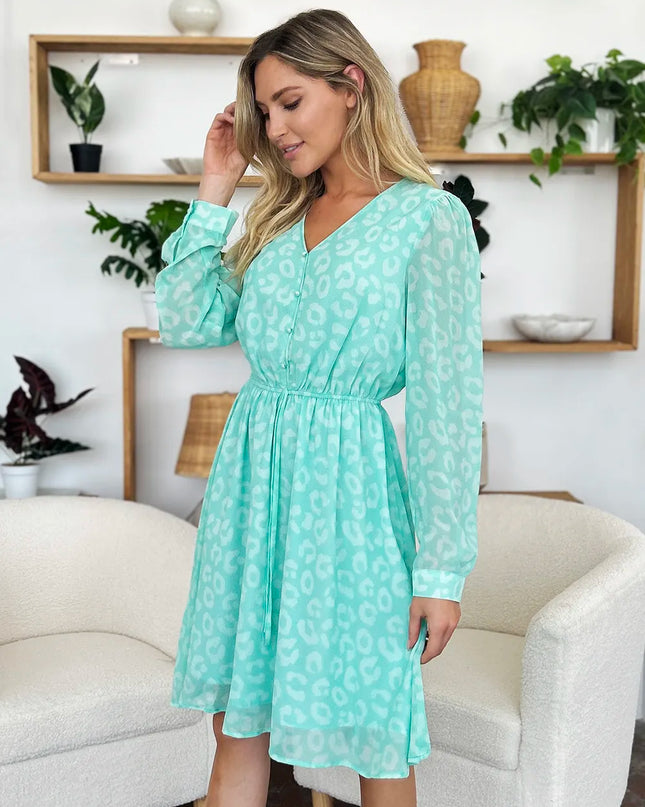 Double Take Full Size Printed Ruched V-Neck Long Sleeve Dress