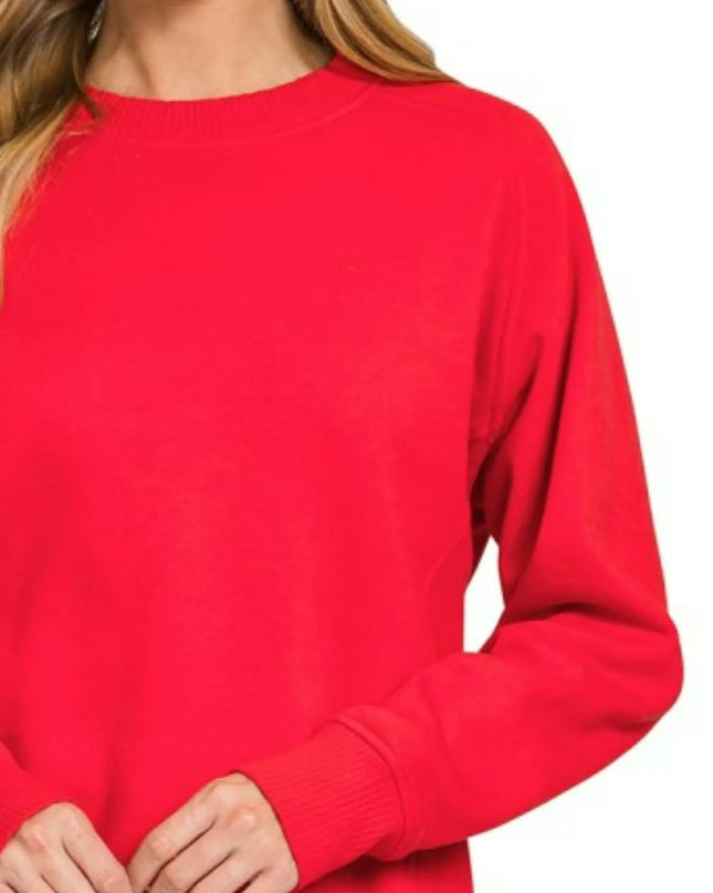 Zenana Fleece Round Neck Ribbed Side Raglan Sweatshirt
