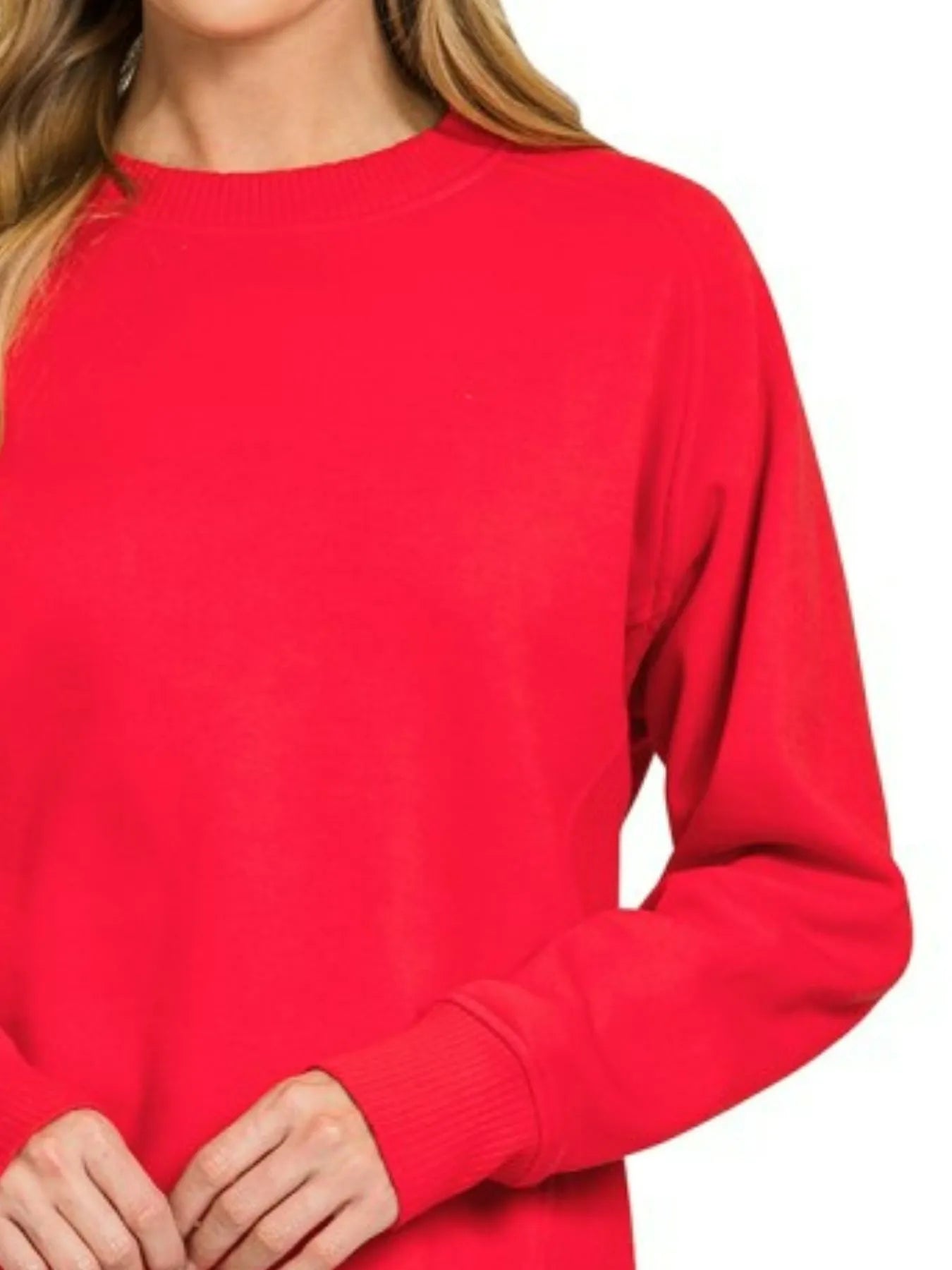 Zenana Fleece Round Neck Ribbed Side Raglan Sweatshirt