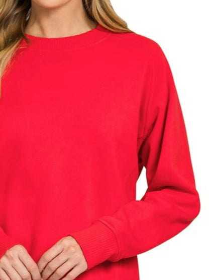 Zenana Fleece Round Neck Ribbed Side Raglan Sweatshirt