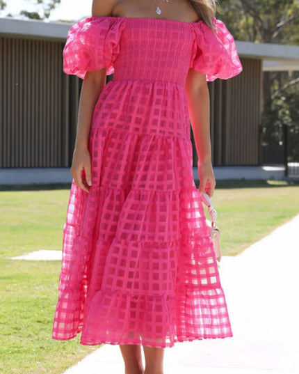 Off Shoulder Short Puff Sleeve Midi Dress