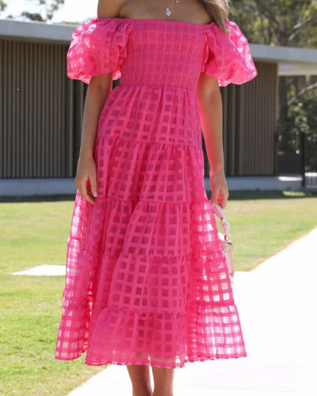 Off Shoulder Short Puff Sleeve Midi Dress