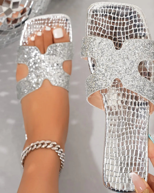 Open Toe Flats Sandals Silver