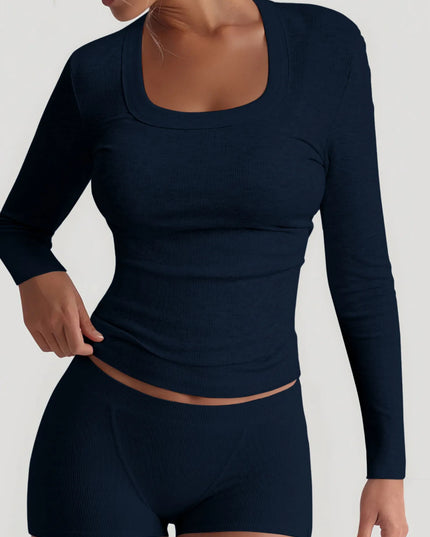 Square Neck Long Sleeve Top and Shorts Set Navy