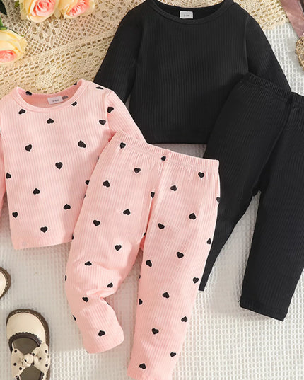 Children's Heart Print Ribbed Top and Pants Set Pink