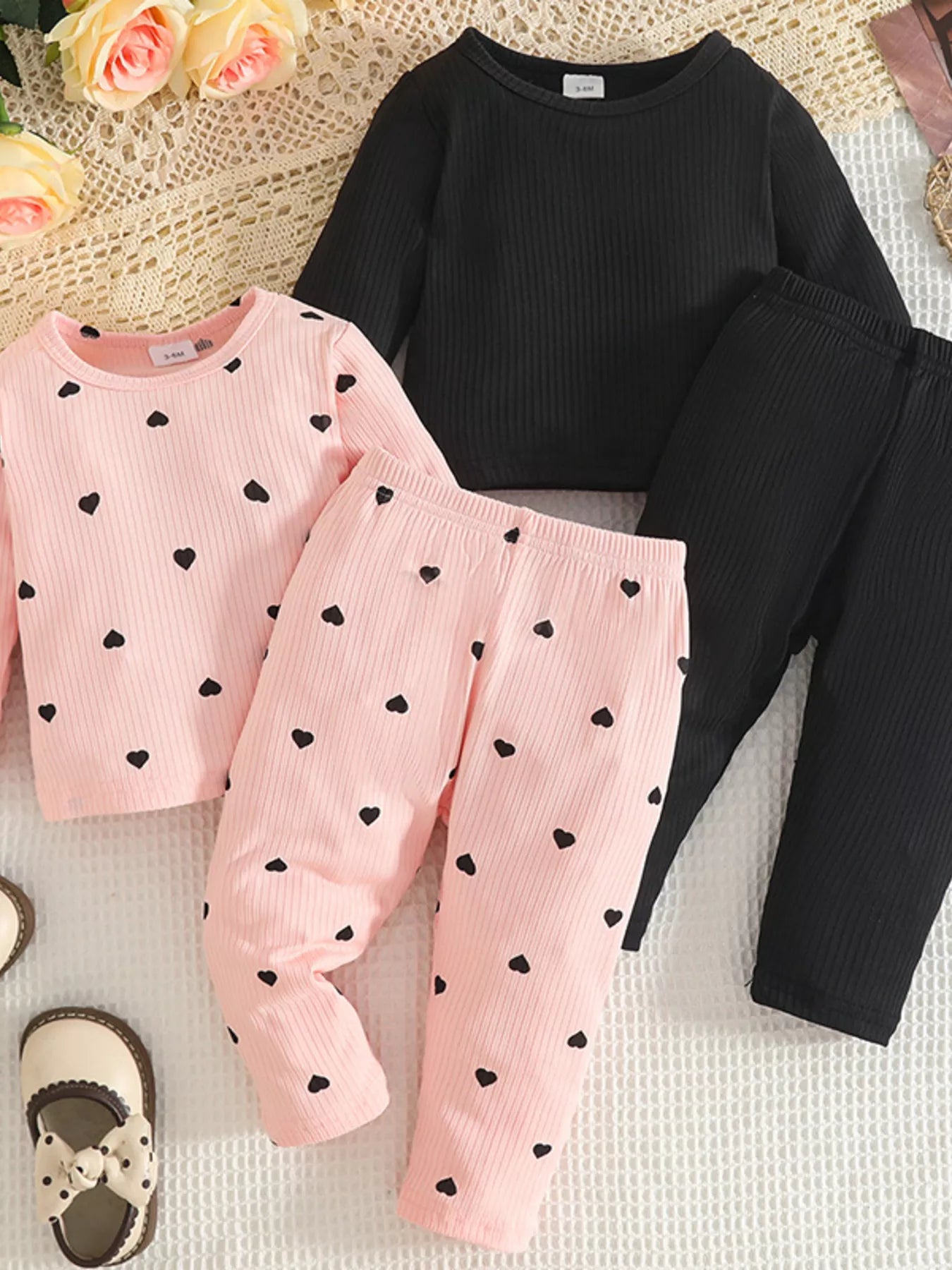 Children's Heart Print Ribbed Top and Pants Set Pink