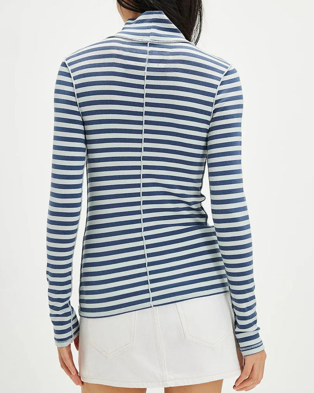 Exposed Seam Striped Turtleneck Long Sleeve T-Shirt