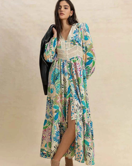 Slit Printed V-Neck Long Sleeve Midi Dress