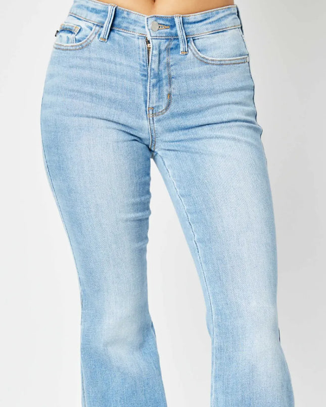 Judy Blue Full Size Mid Rise Raw Hem Slit Flare Jeans