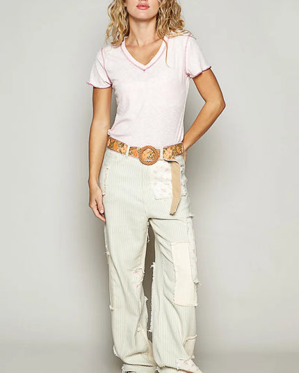 POL V-Neck Short Sleeve Ribbed T-Shirt with Contrast Overlock Stitching