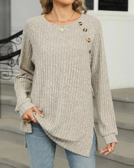 Ribbed Round Neck Long Sleeve T-Shirt