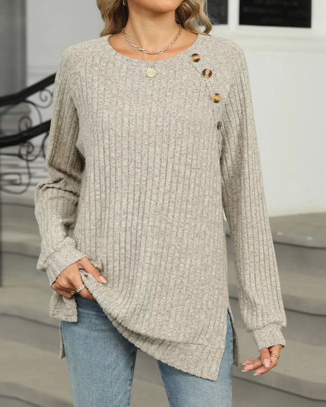 Ribbed Round Neck Long Sleeve T-Shirt