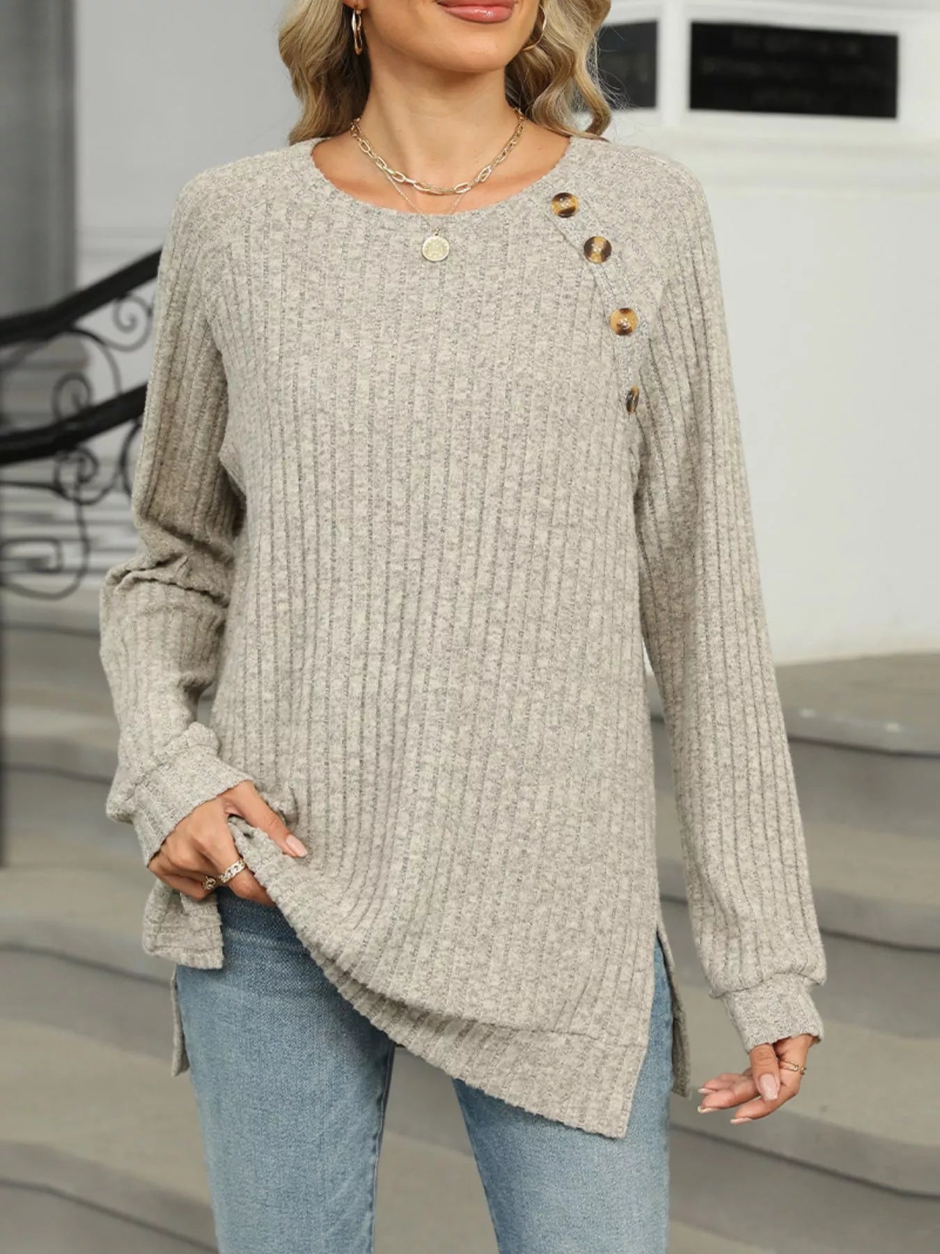 Ribbed Round Neck Long Sleeve T-Shirt