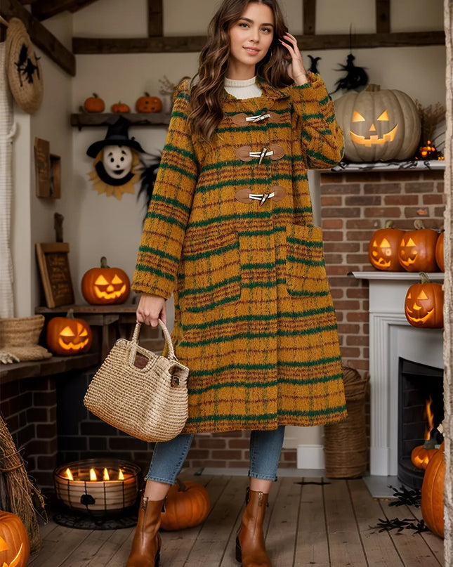 Plaid Long Sleeve Hooded Coat with Pockets Mustard