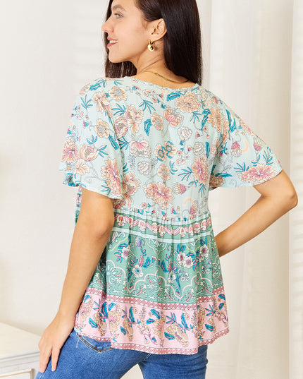 Perfee Floral Tie Neck Short Sleeve Blouse