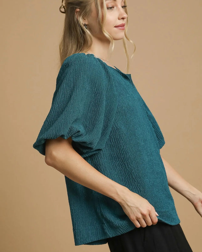 Umgee Textured Flutter Sleeve Notch Neck Top