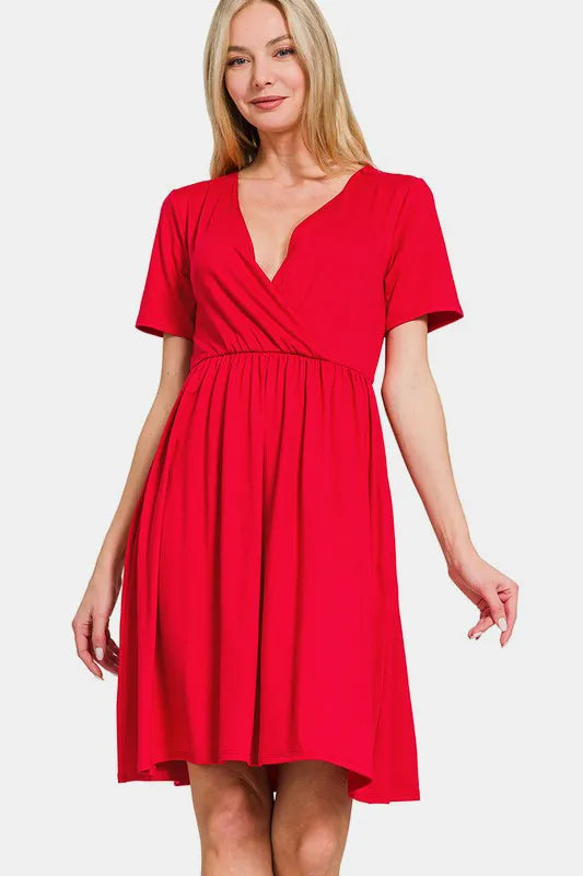 Zenana Surplice Short Sleeve Brushed DTY Dress Red