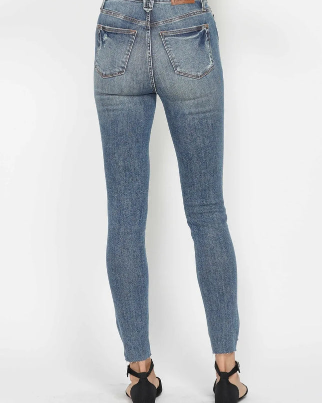 Judy Blue Full Size Tummy Control Vintage Wash Hem Destroy Skinny Jeans