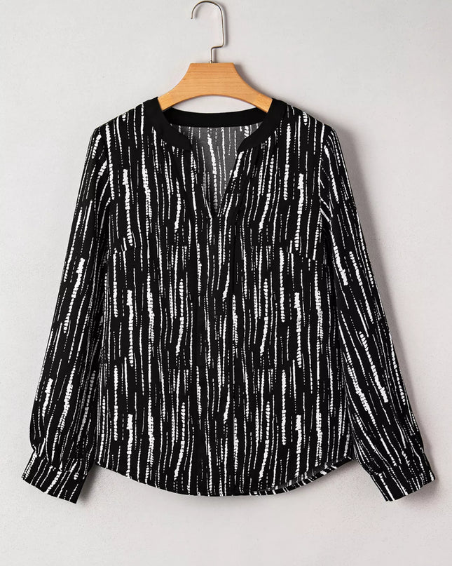 Abstract Printed Notched Long Sleeve Blouse