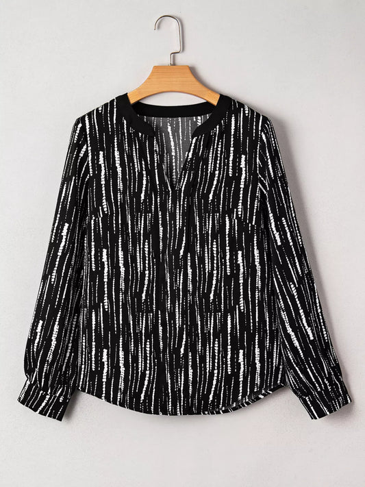 Abstract Printed Notched Long Sleeve Blouse