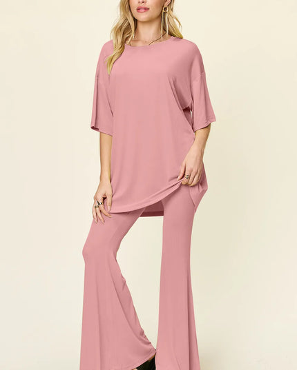 Double Take Full Size Round Neck Drop Shoulder T-Shirt and Flare Pants Set Dusty Pink
