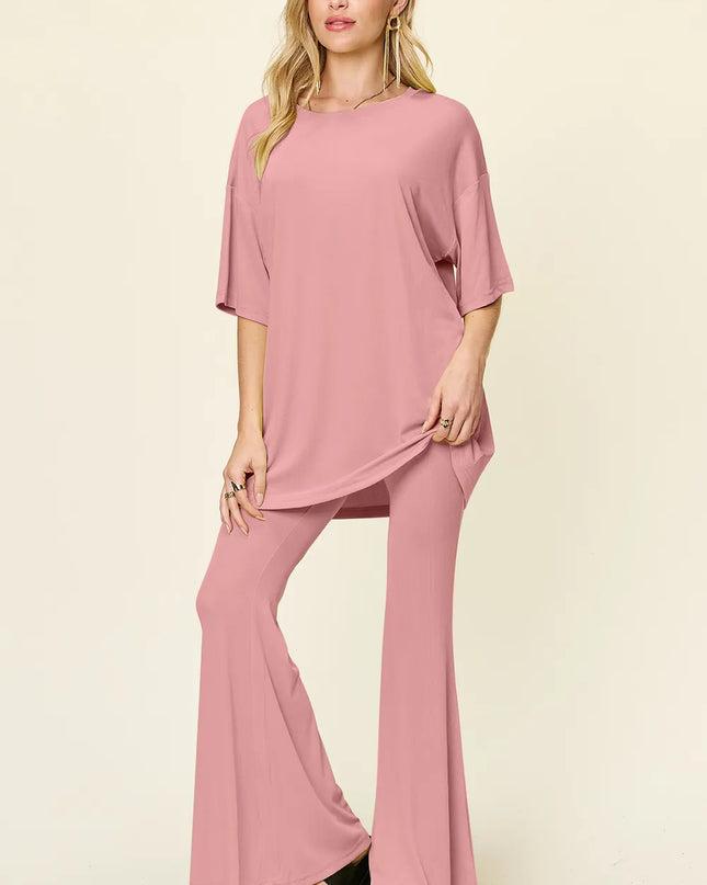 Double Take Full Size Round Neck Drop Shoulder T-Shirt and Flare Pants Set Dusty Pink