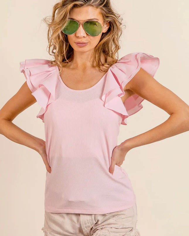 BiBi Wide Layered Ruffle Sleeve Scoop Neck Ribbed Top