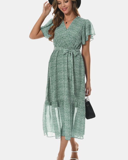 Surplice Neck Flutter Sleeve Tied Dress