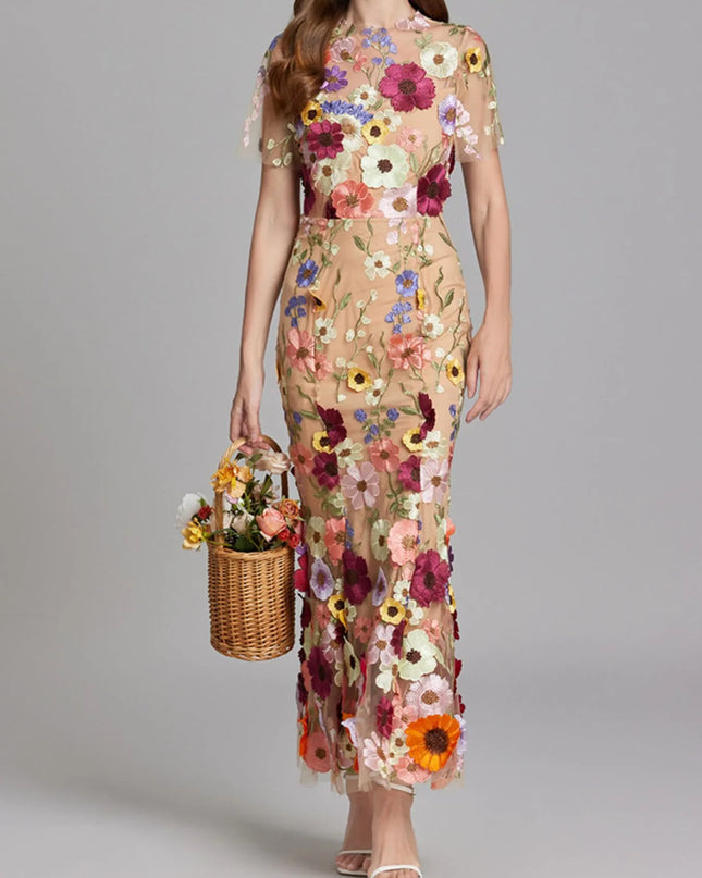 Floral Embroidered Mesh Overlay Maxi Dress Apricot