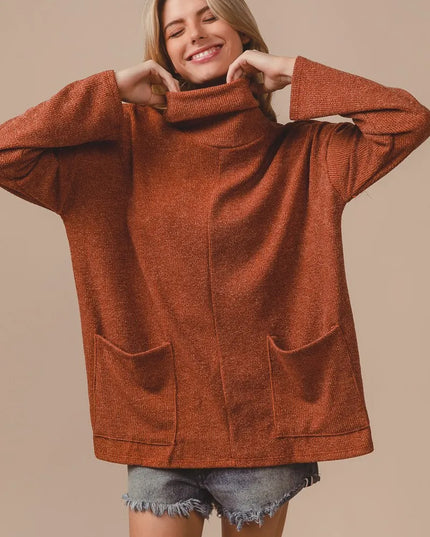 BiBi Piper Rib Double Pocket Turtle Neck Sweater RUST