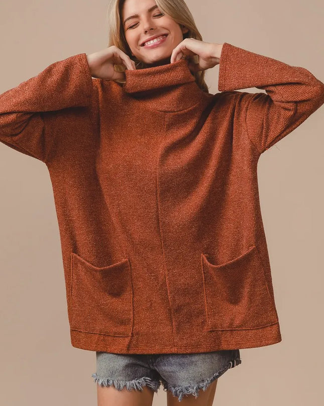 BiBi Piper Rib Double Pocket Turtle Neck Sweater RUST