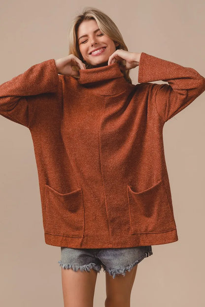 BiBi Piper Rib Double Pocket Turtle Neck Sweater RUST