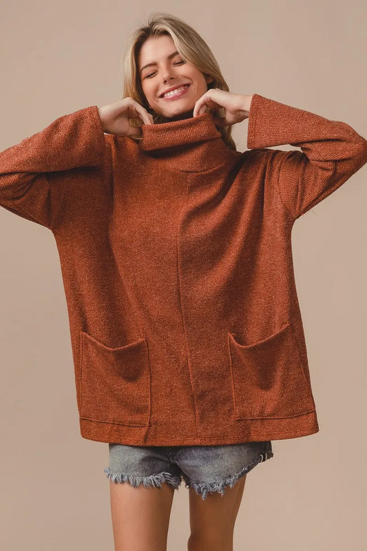 BiBi Piper Rib Double Pocket Turtle Neck Sweater RUST