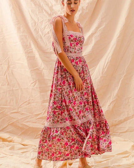SO ME Floral Maxi Dress With Ribbon Tie Lace Strap