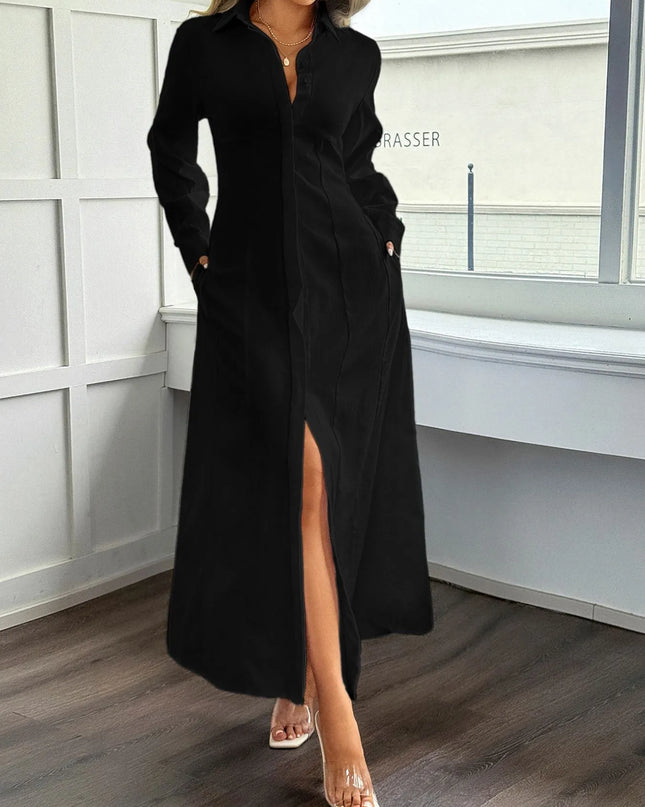 Slit Long Sleeve Maxi Shirt Dress Black