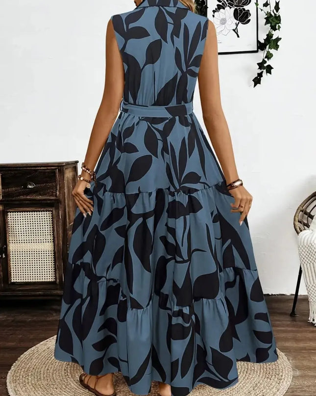 Printed Tie Waist Sleeveless Maxi Dress 