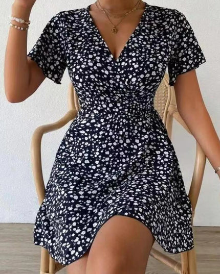 Floral Flutter Sleeve Wrap Mini Dress Black