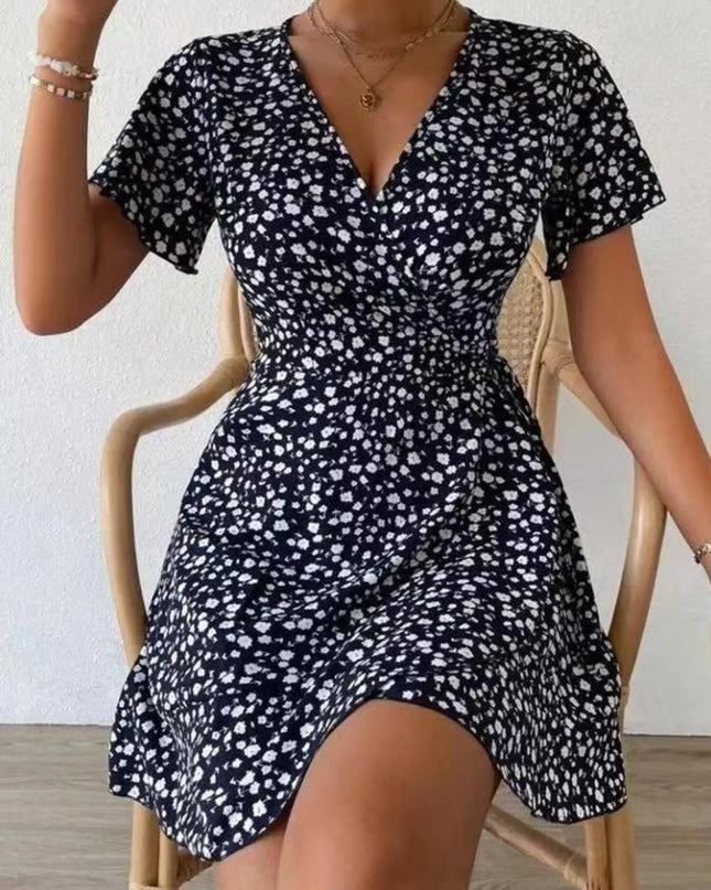 Floral Flutter Sleeve Wrap Mini Dress Black