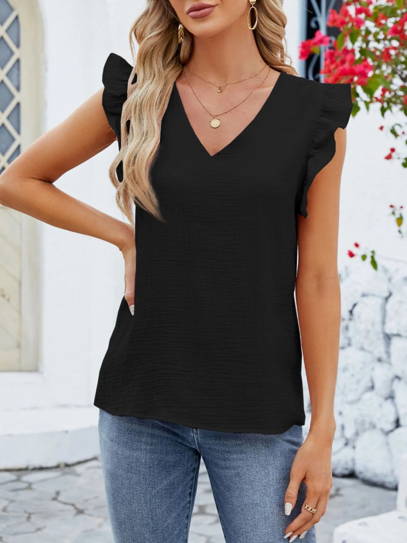 V-Neck Ruffled Sleeve Top