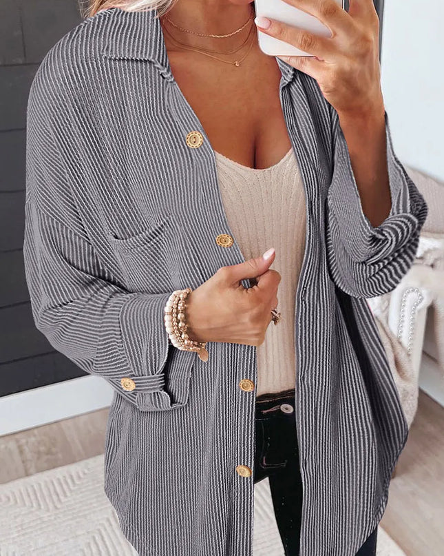 Striped Collared Neck Long Sleeve Shirt Gray