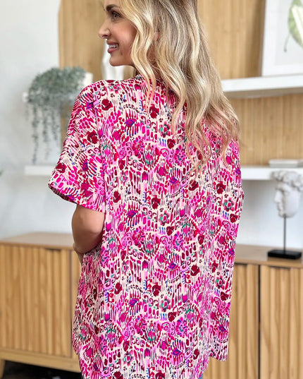 Double Take Full Size Printed V-Neck Short Sleeve Blouse