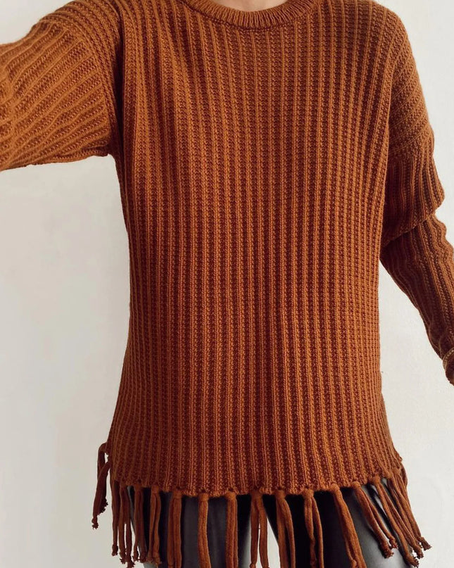 Fringe Round Neck Long Sleeve Sweater Burgundy