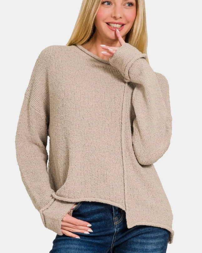 Zenana Asymmetric Hem Drop Shoulder Sweater Ash Mocha