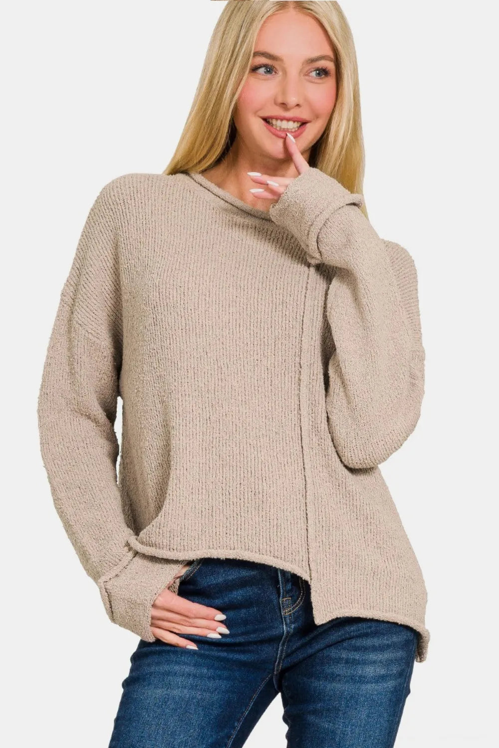 Zenana Asymmetric Hem Drop Shoulder Sweater Ash Mocha