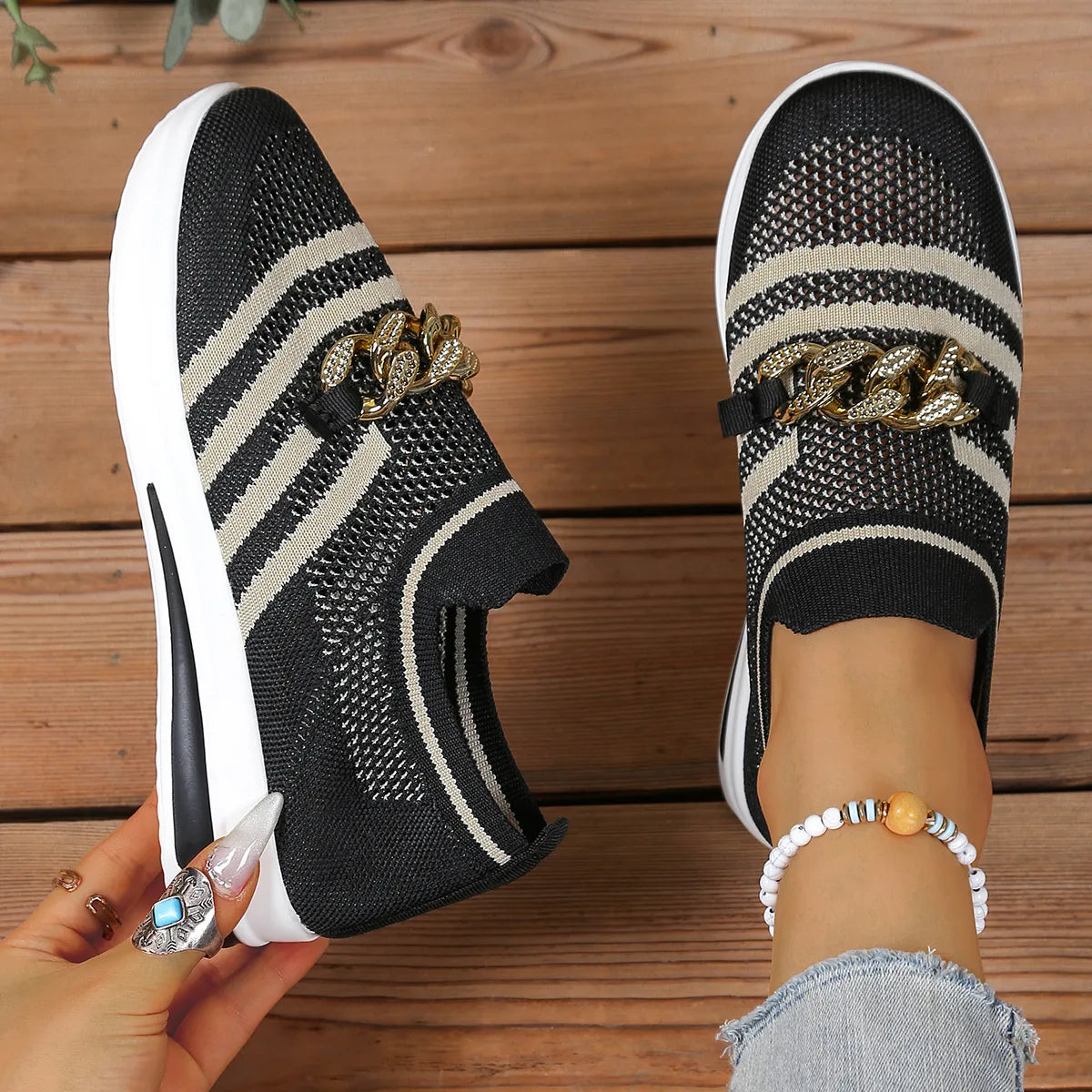 Breathable Mesh Round Toe Slip-Ons Black