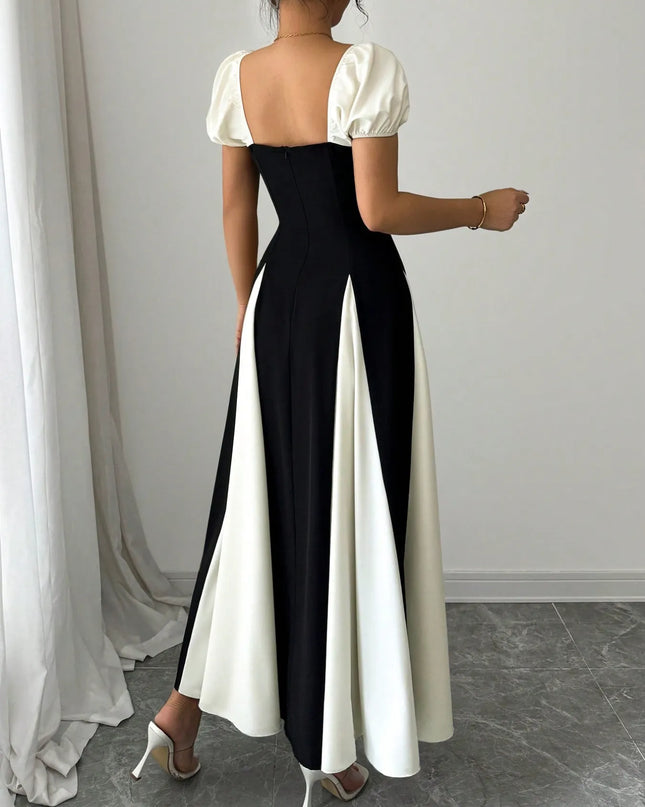 Contrast Puff Sleeve Midi Dress